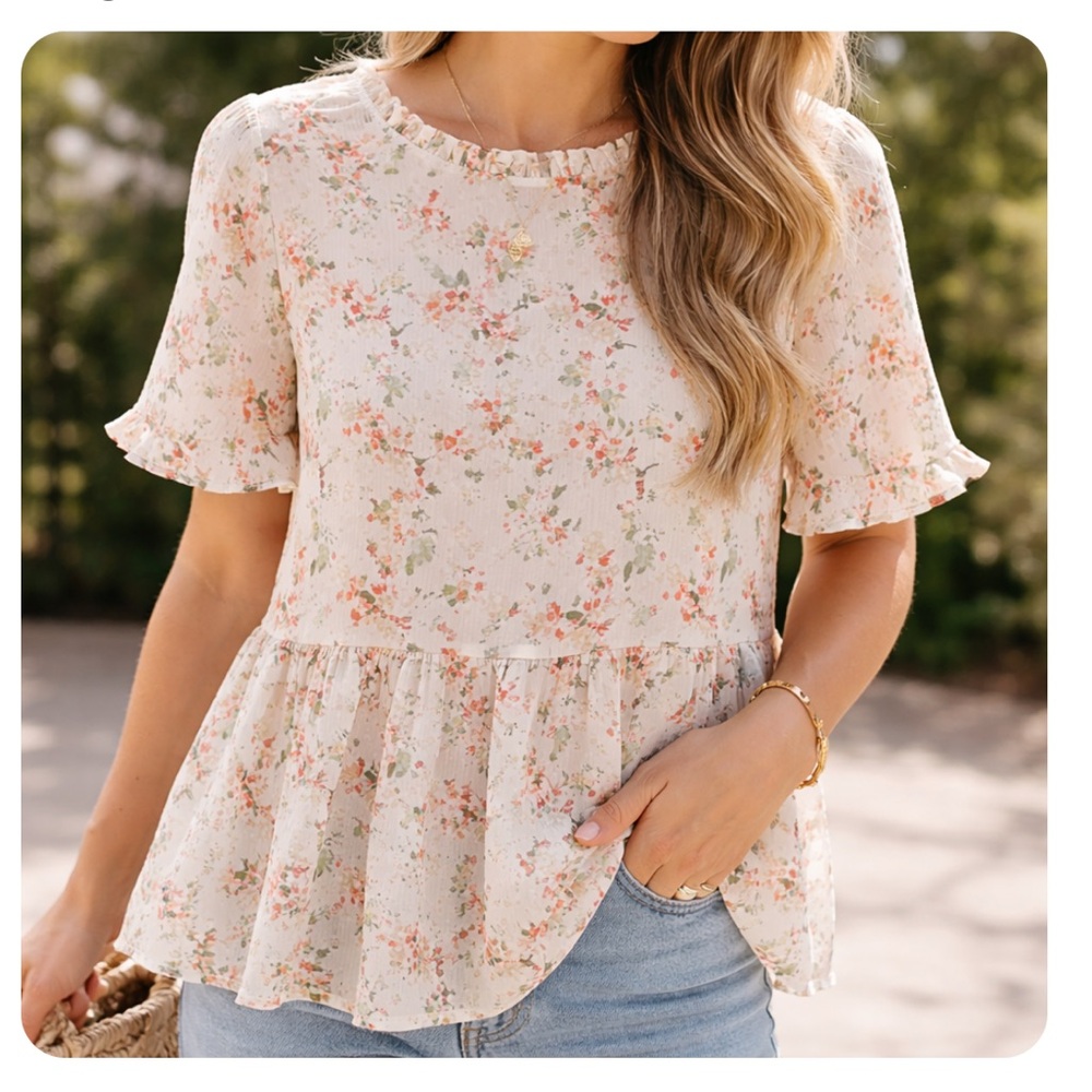 ROOLEE Floral Babydoll Blouse Top Cream Size Small